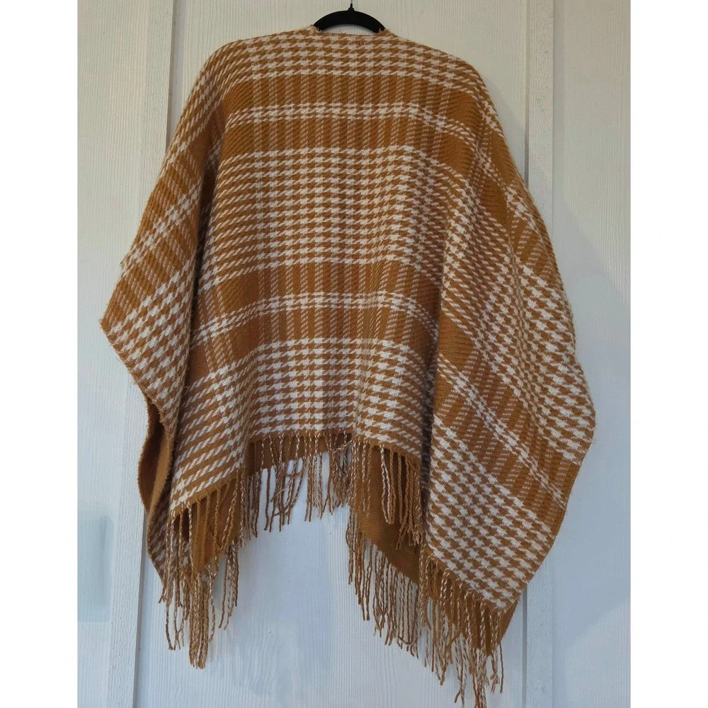 Anne Klein Houndstooth Plaid Fringe Poncho OS Cozy Boho Lagenlook Old Money Fall
